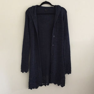 BCBG Hooded Woven Long Knit Navy Cardigan